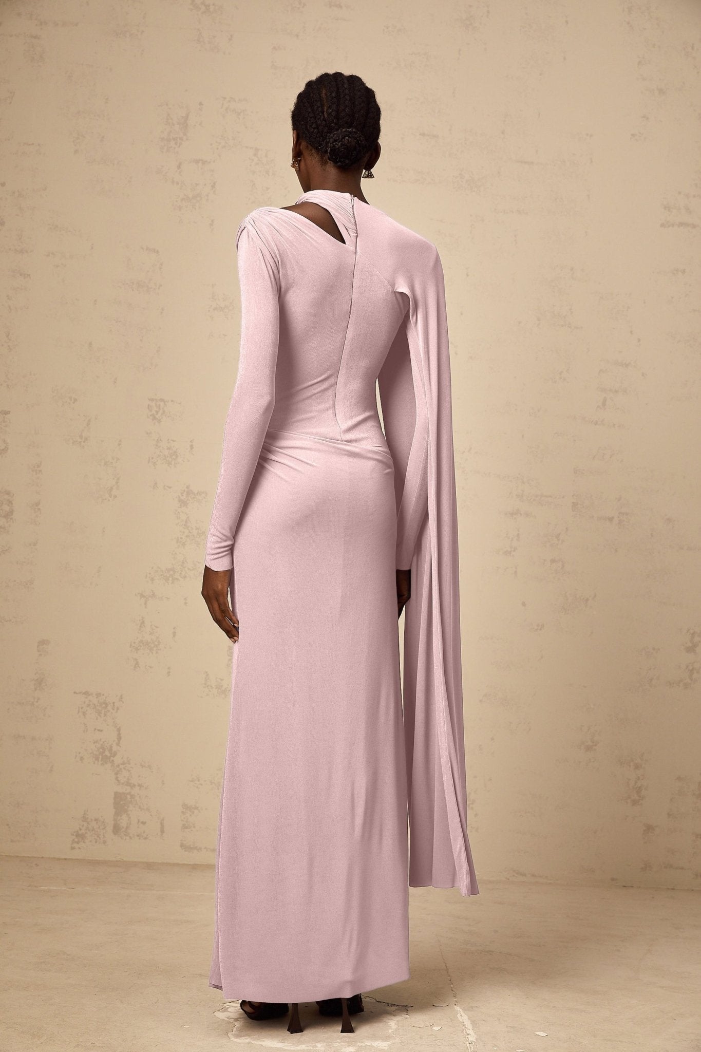 Holland Maxi Dress - Pink Diagonal Shawl Draped Ruched Silver - Tone