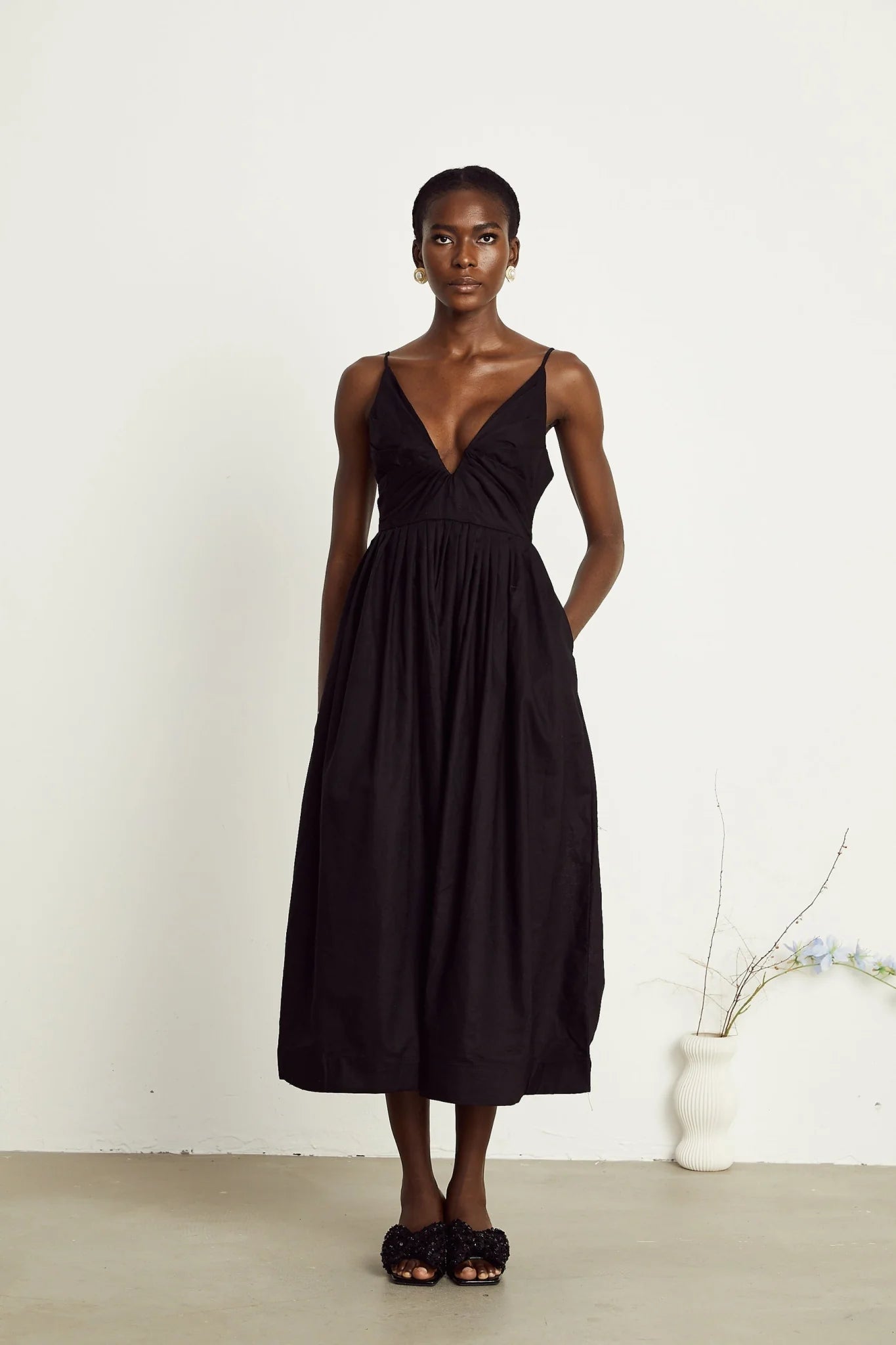 Holland Midi Dress - Bustier Style - Pleat Detailing - Flared Skirt - Smocked Details - Rear Zip Fastening