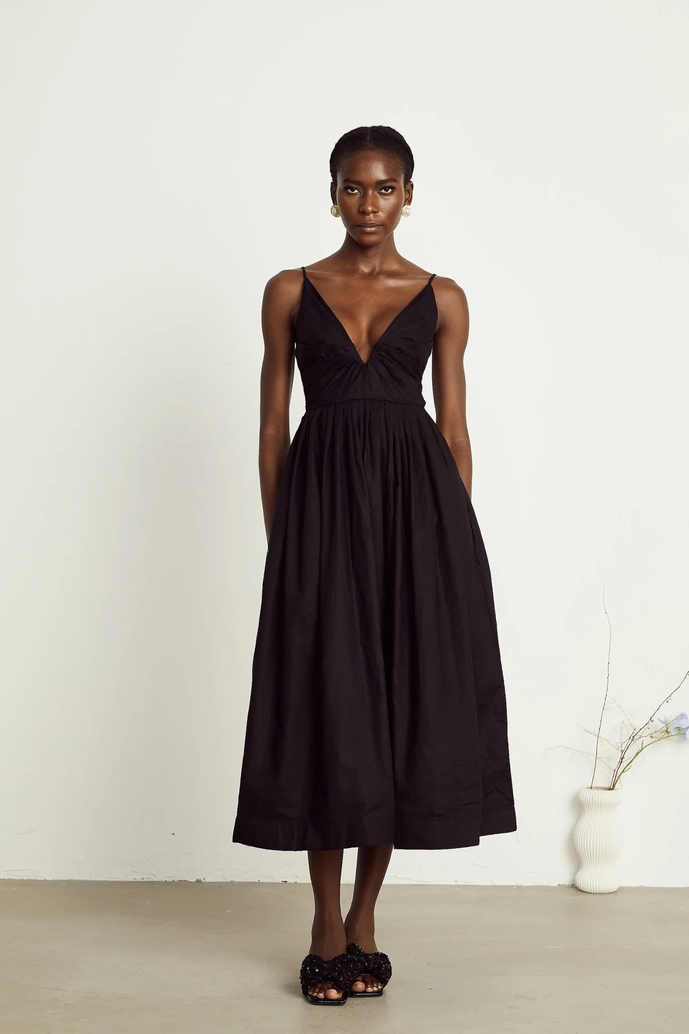 Holland Midi Dress - Bustier Style - Pleat Detailing - Flared Skirt - Smocked Details - Rear Zip Fastening