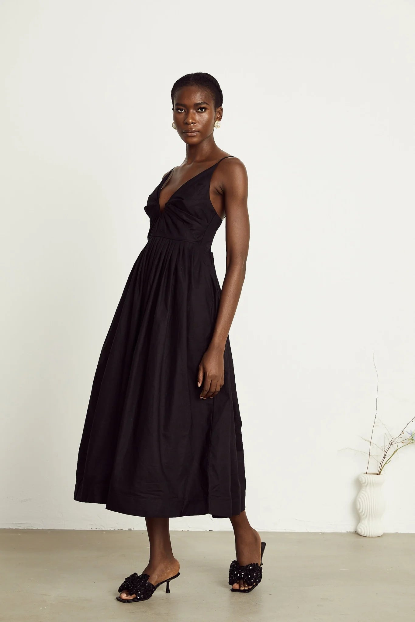 Holland Midi Dress - Bustier Style - Pleat Detailing - Flared Skirt - Smocked Details - Rear Zip Fastening