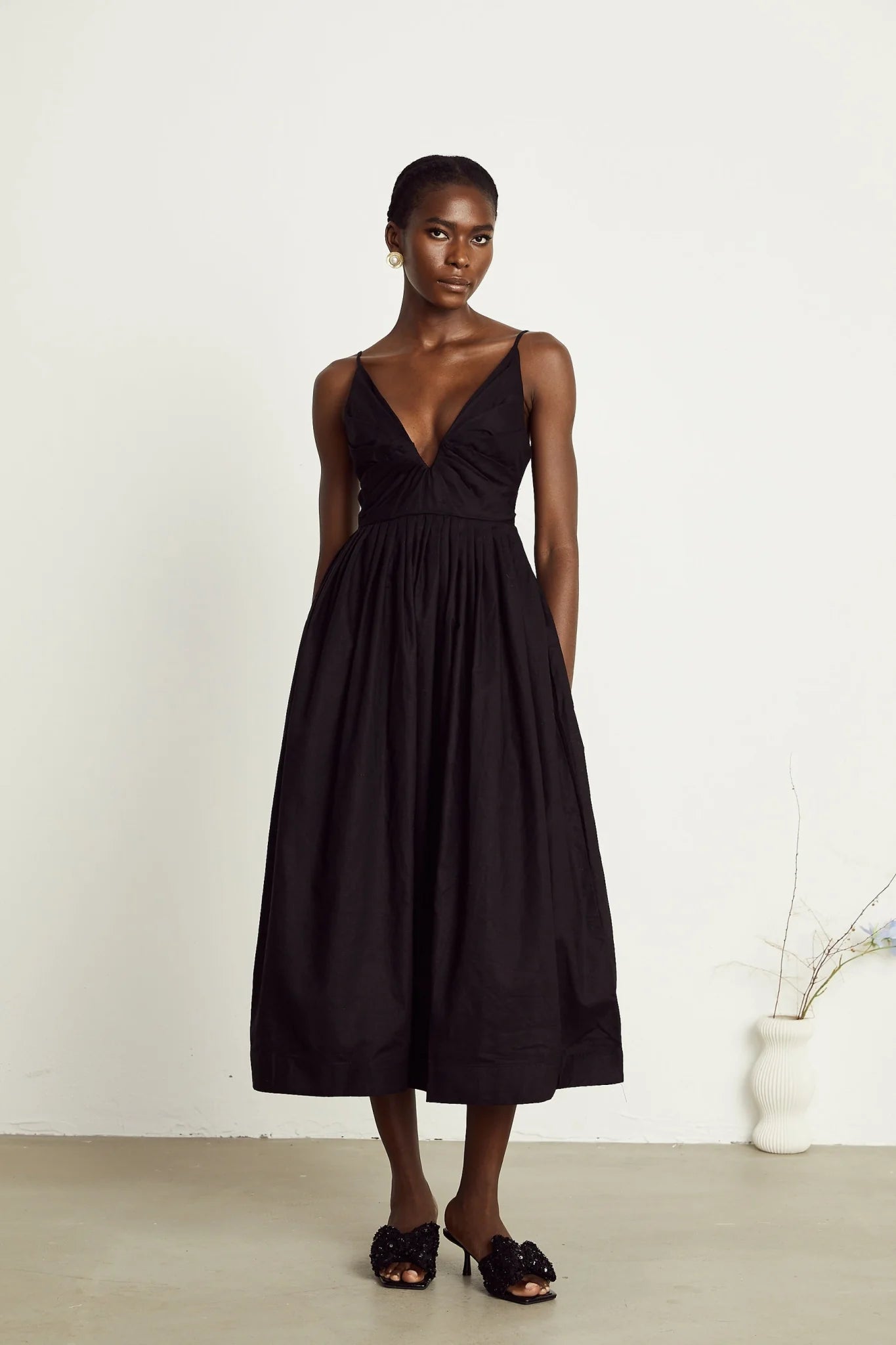 Holland Midi Dress - Bustier Style - Pleat Detailing - Flared Skirt - Smocked Details - Rear Zip Fastening
