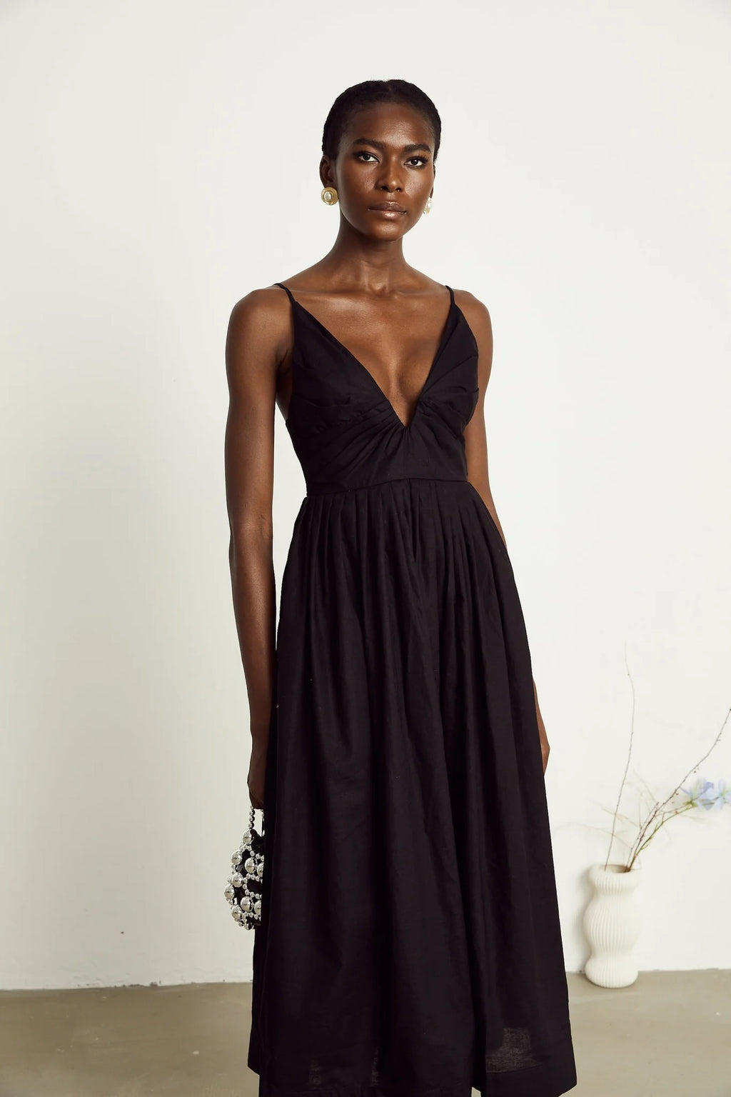 Holland Midi Dress - Bustier Style - Pleat Detailing - Flared Skirt - Smocked Details - Rear Zip Fastening