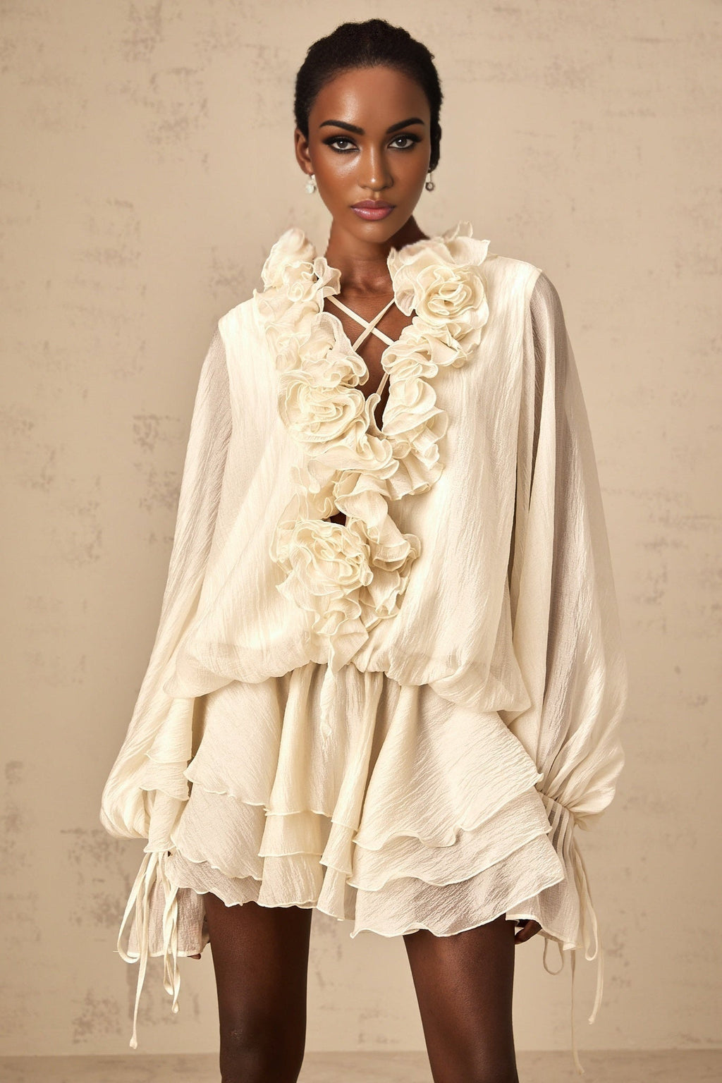 Holland Mini Dress – V - neck – Long Puff Sleeves – Floral Appliqué