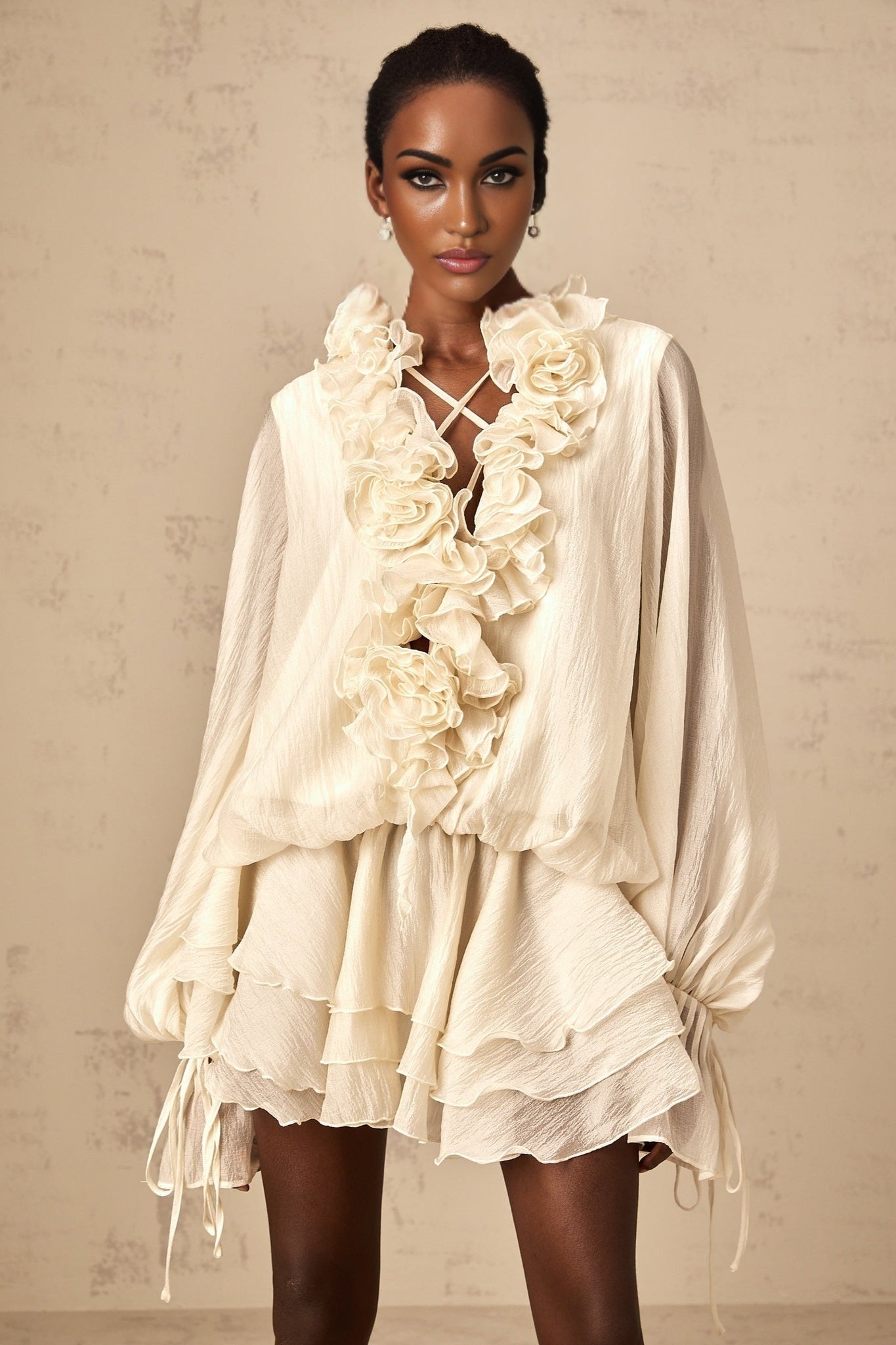 Holland Mini Dress – V - neck – Long Puff Sleeves – Floral Appliqué