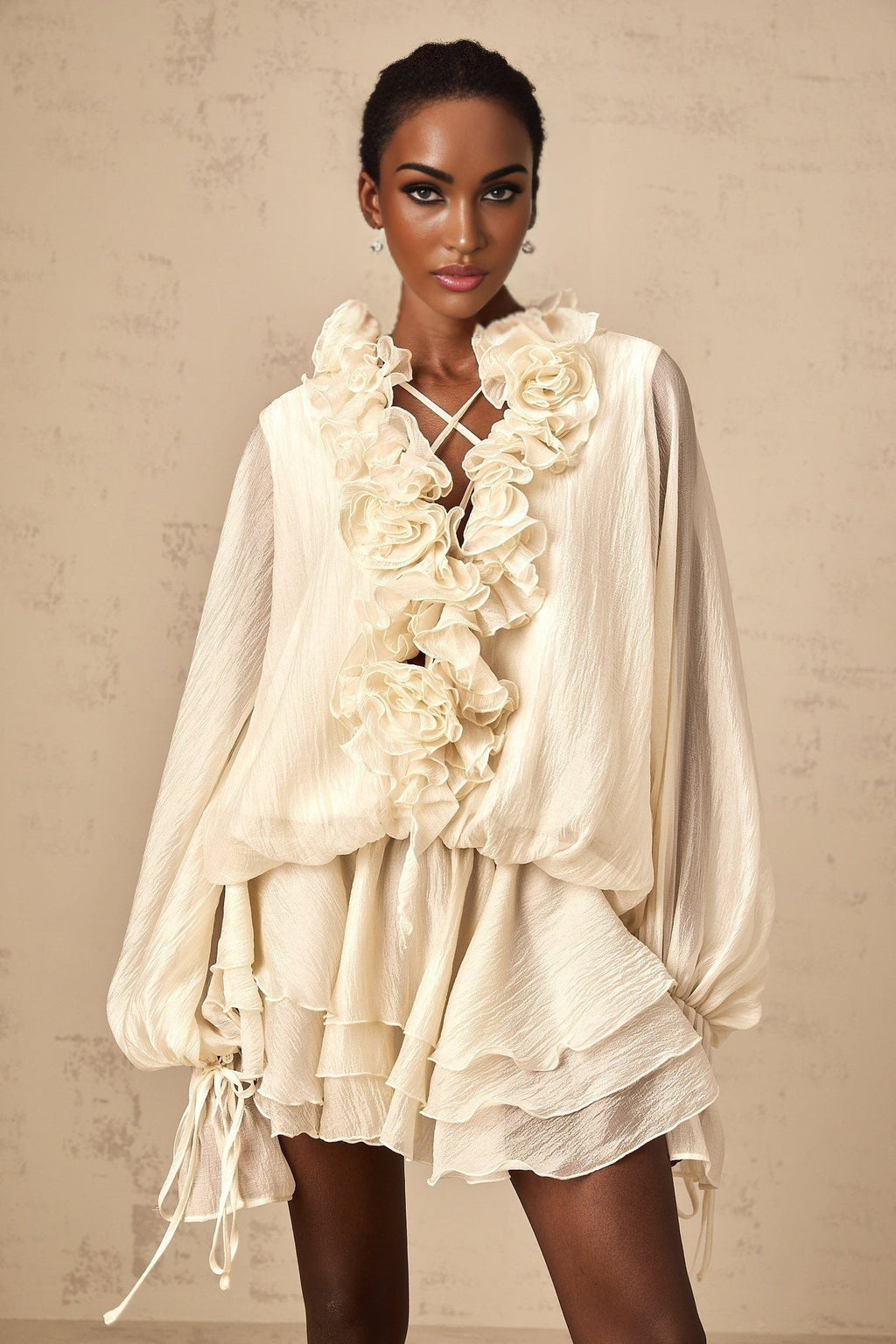 Holland Mini Dress – V - neck – Long Puff Sleeves – Floral Appliqué
