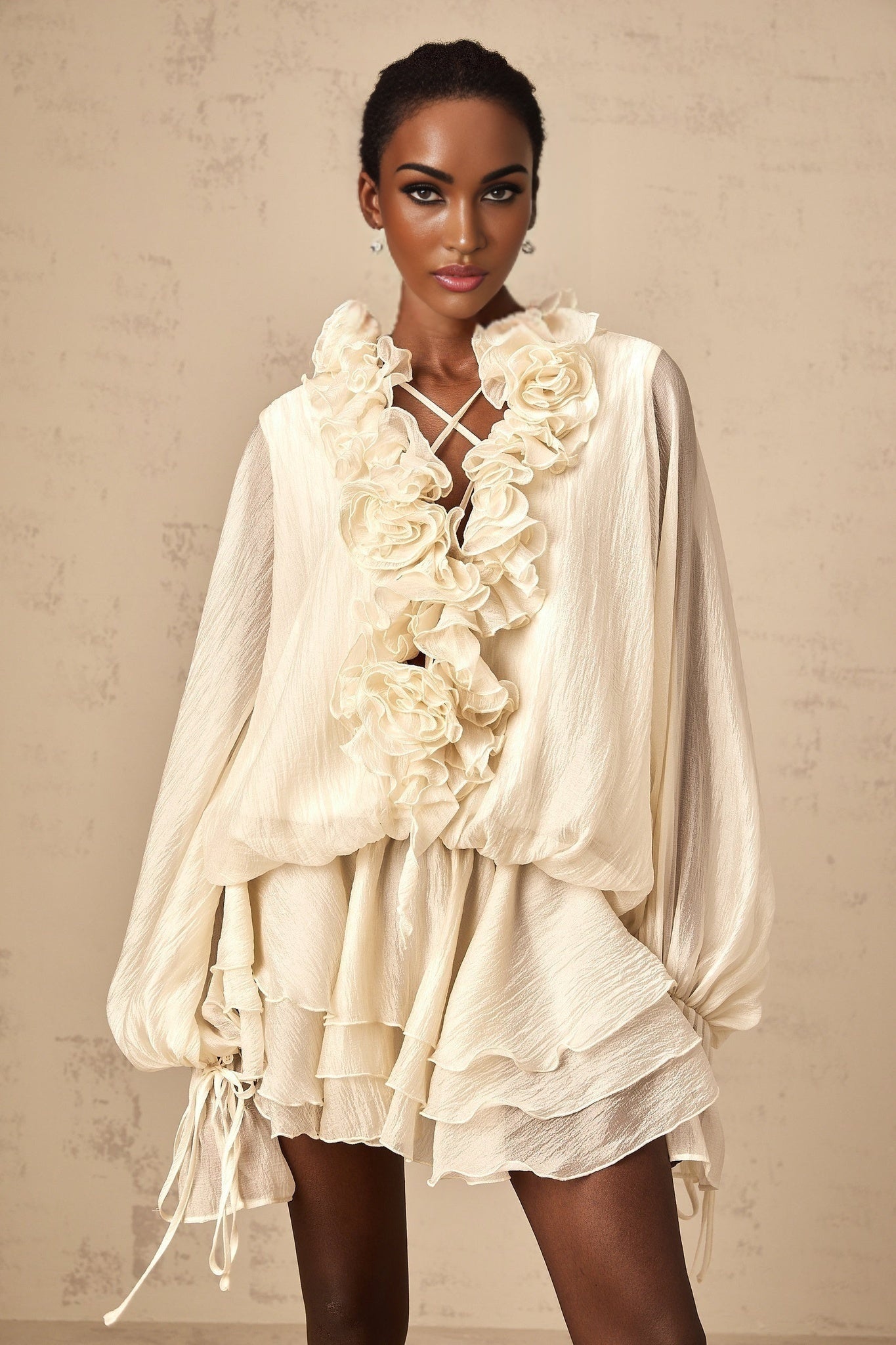 Holland Mini Dress – V - neck – Long Puff Sleeves – Floral Appliqué