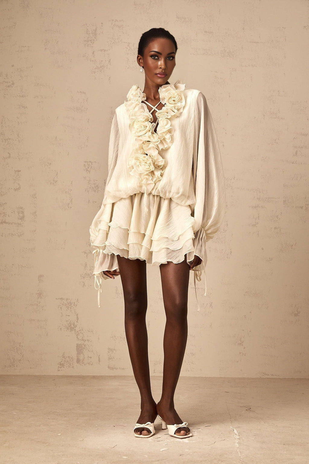 Holland Mini Dress – V - neck – Long Puff Sleeves – Floral Appliqué