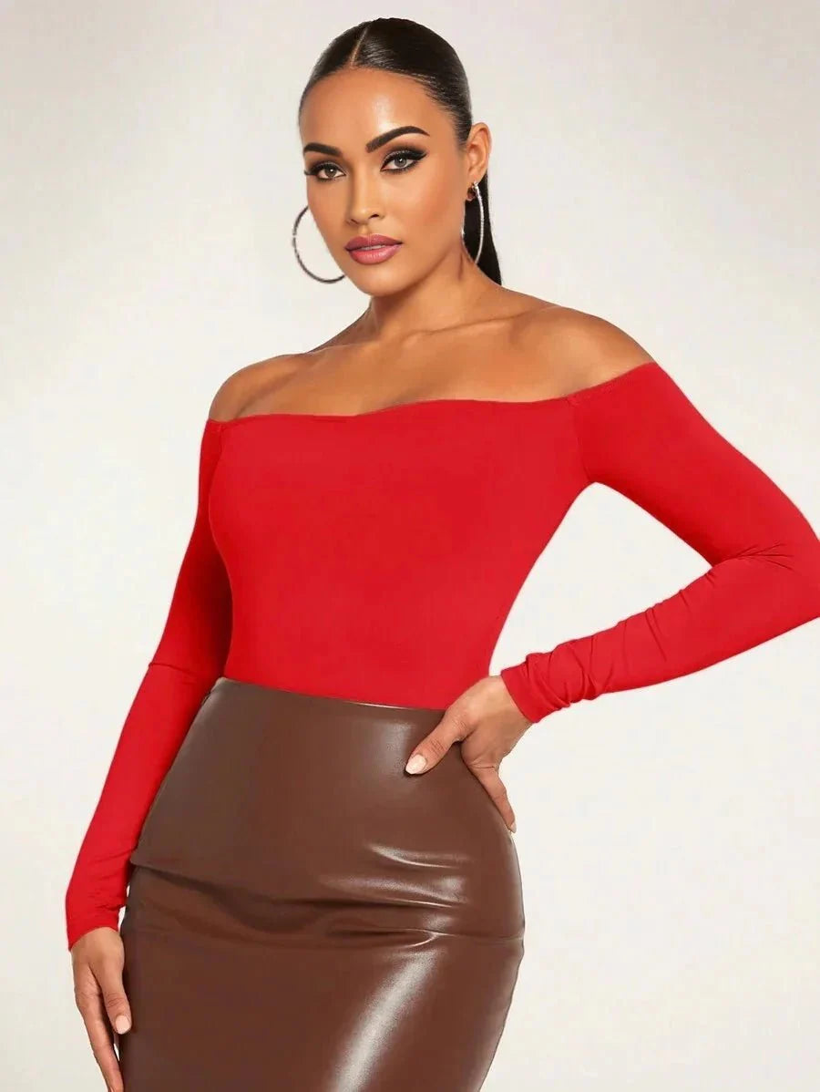 Holly Bodysuit - Off - Shoulder Neckline - Asymmetrical, Open Back - Casual Style - Long Sleeve Length - Medium Stretch Fabric - Adjusted Fit