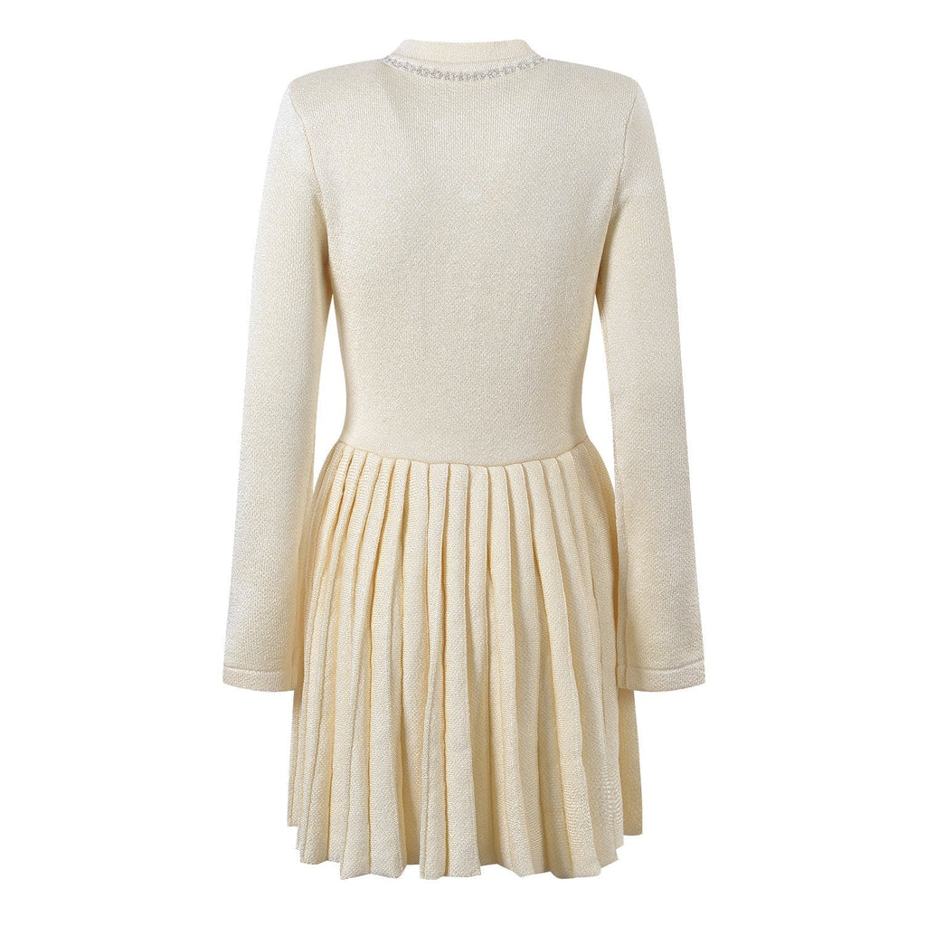 Holly Dress - Fitted Bodice - Flared Pleated Skirt - Tweed Design - Crystal Embellishments - Structured Waistline