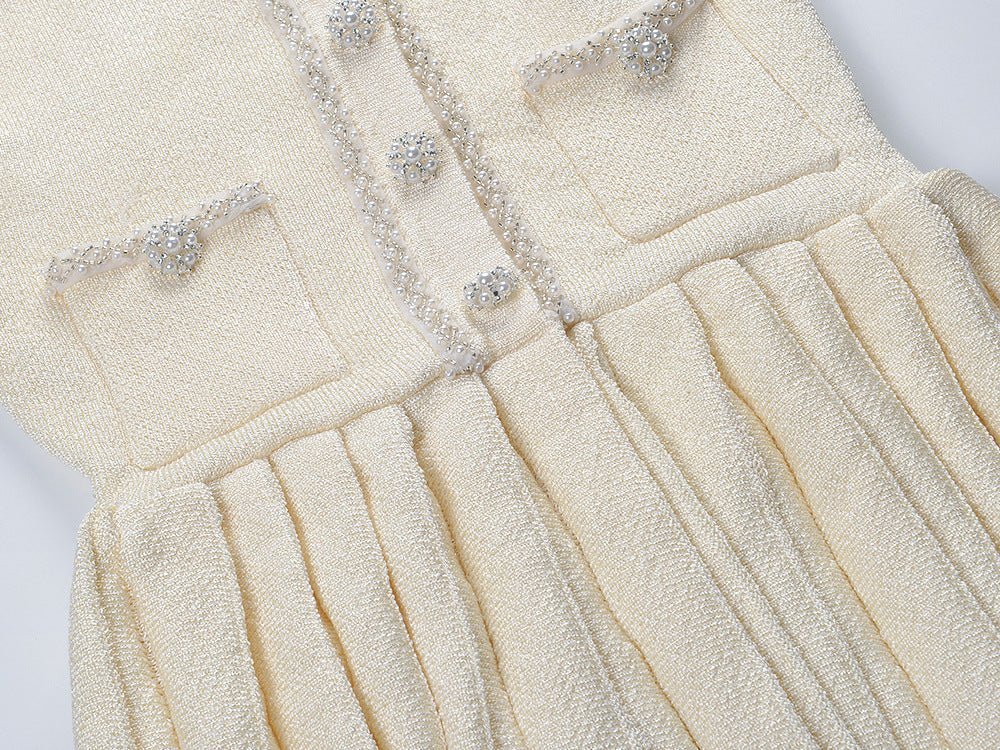 Holly Dress - Fitted Bodice - Flared Pleated Skirt - Tweed Design - Crystal Embellishments - Structured Waistline