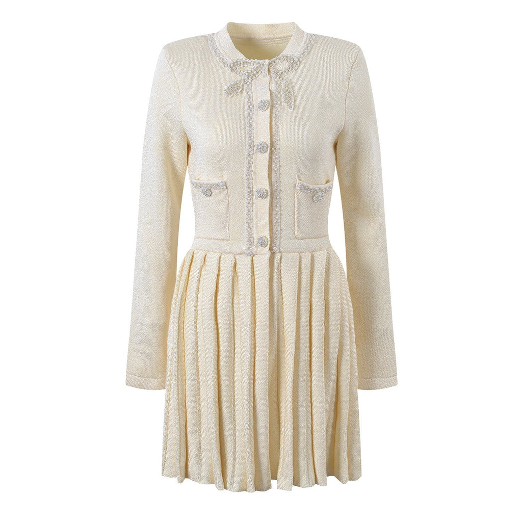 Holly Dress - Fitted Bodice - Flared Pleated Skirt - Tweed Design - Crystal Embellishments - Structured Waistline