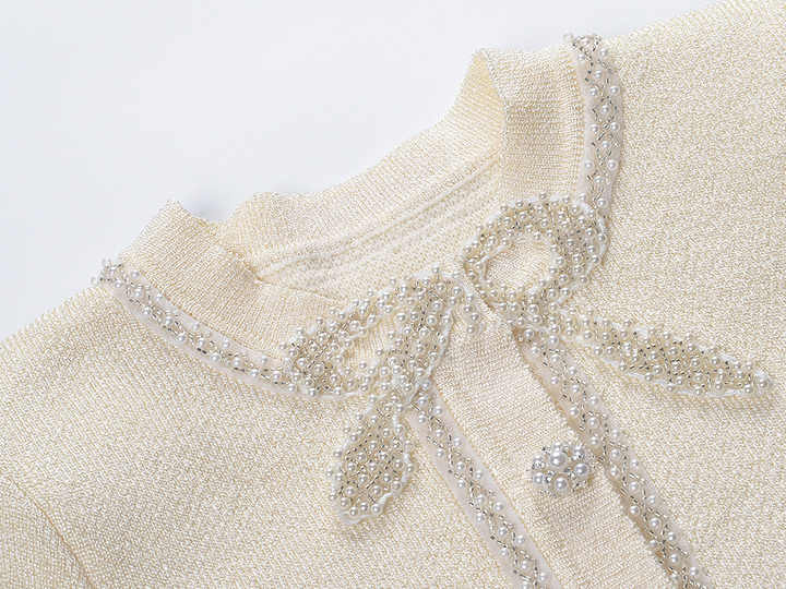 Holly Dress - Fitted Bodice - Flared Pleated Skirt - Tweed Design - Crystal Embellishments - Structured Waistline