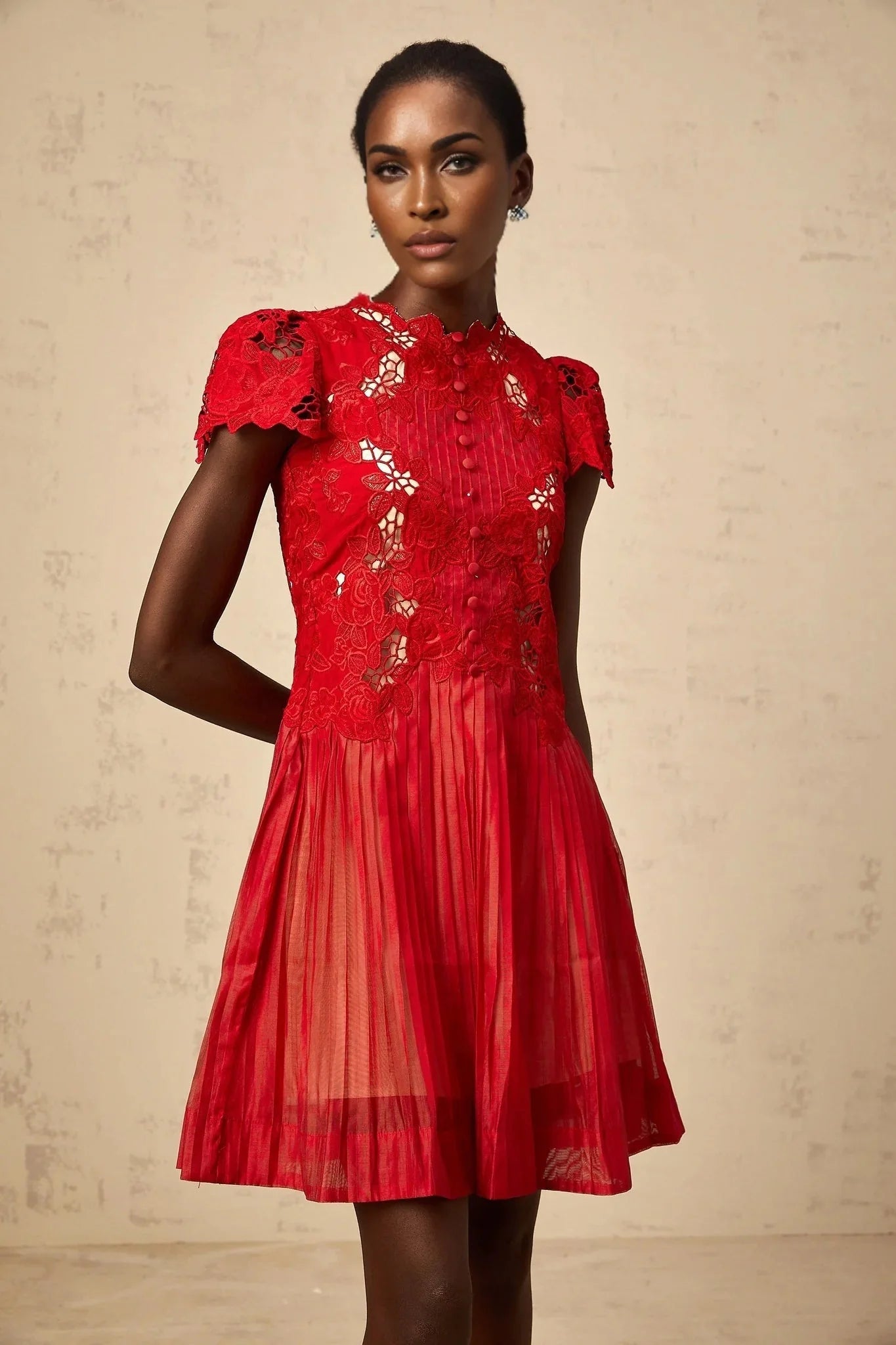 Holly Mini Dress Red Flower Embroidered & Pleated