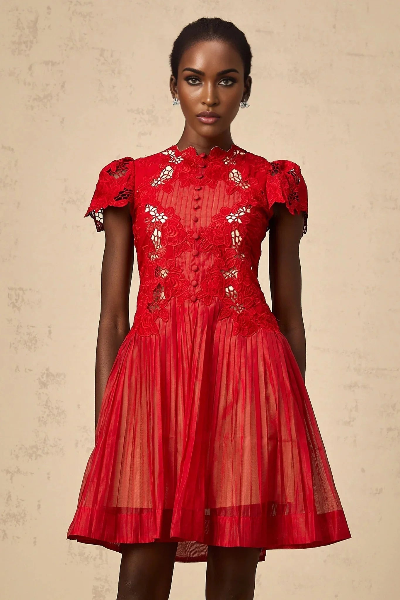 Holly Mini Dress Red Flower Embroidered & Pleated