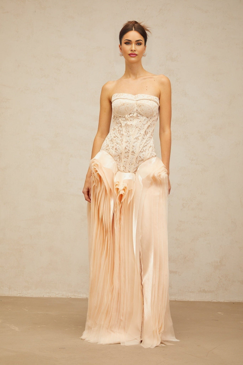 Hunter Maxi Dress - Corset Style - Peplum Waist - Lace Overlay - Boned Bodice - Layered Design