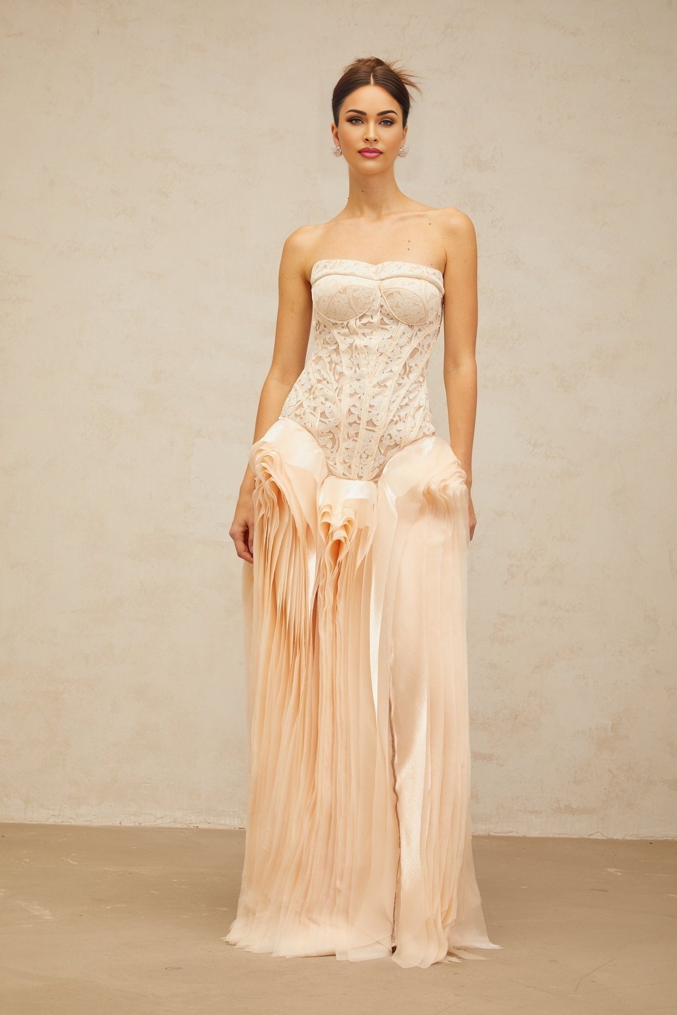 Hunter Maxi Dress - Corset Style - Peplum Waist - Lace Overlay - Boned Bodice - Layered Design