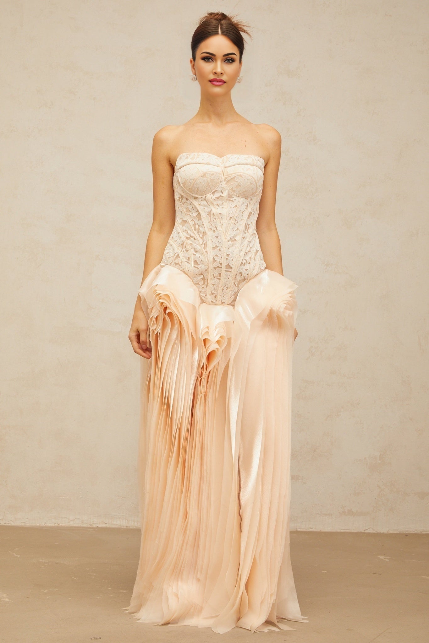 Hunter Maxi Dress - Corset Style - Peplum Waist - Lace Overlay - Boned Bodice - Layered Design