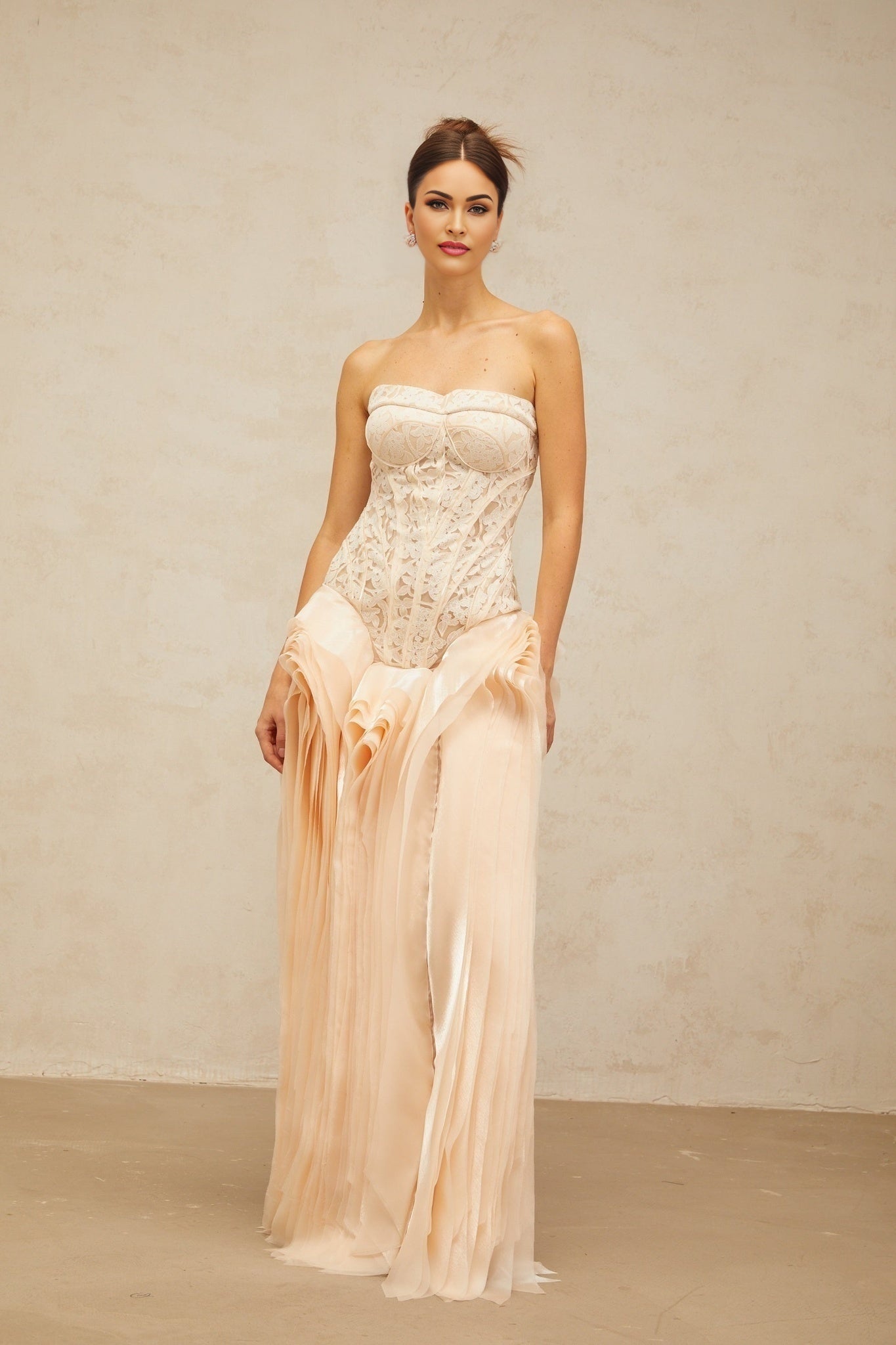 Hunter Maxi Dress - Corset Style - Peplum Waist - Lace Overlay - Boned Bodice - Layered Design