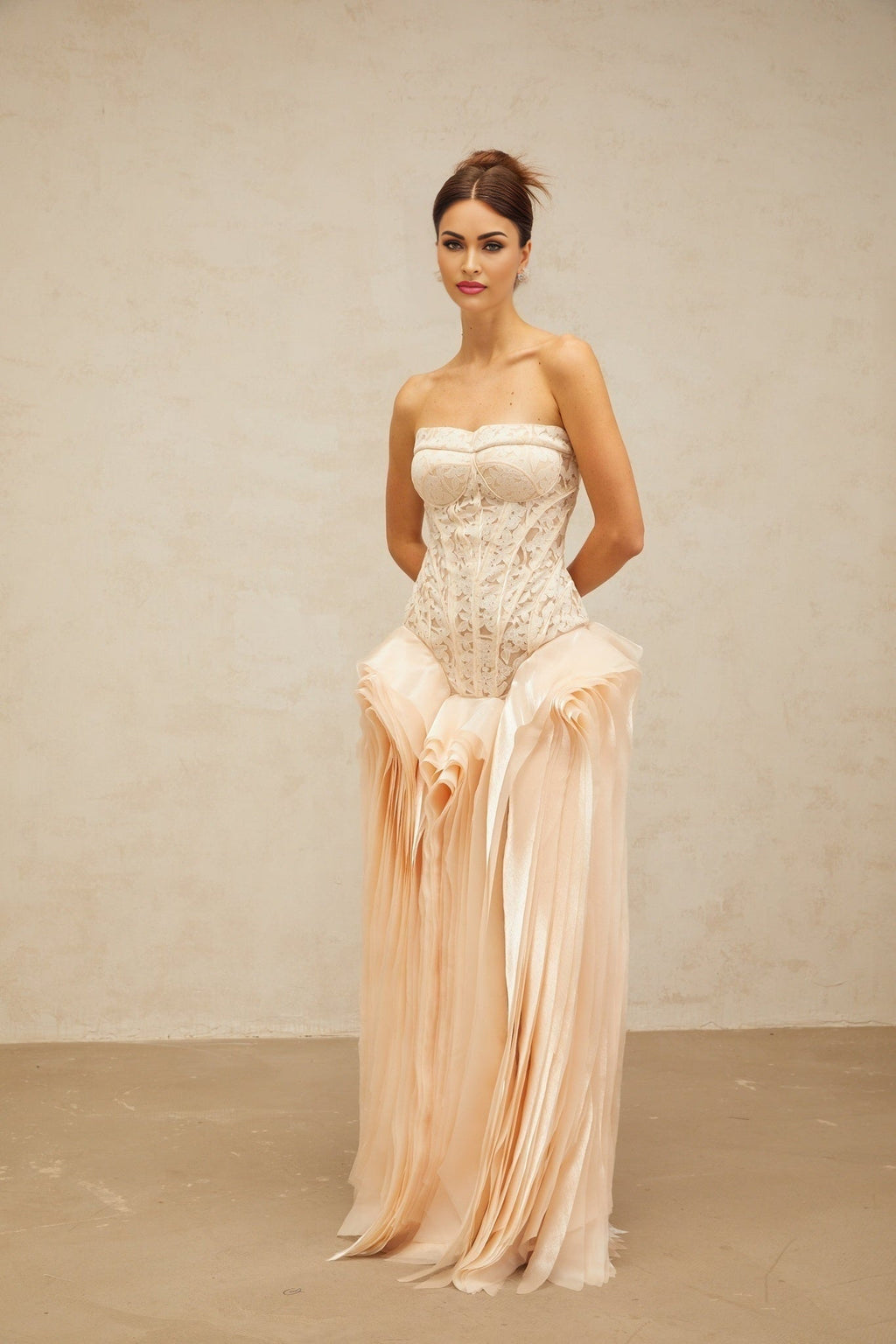 Hunter Maxi Dress - Corset Style - Peplum Waist - Lace Overlay - Boned Bodice - Layered Design