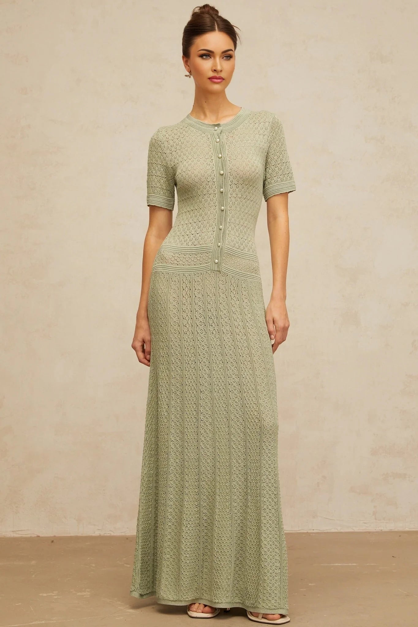 Hunter Maxi Dress Green Crochet - Knit Shirred & Pearl Buttons