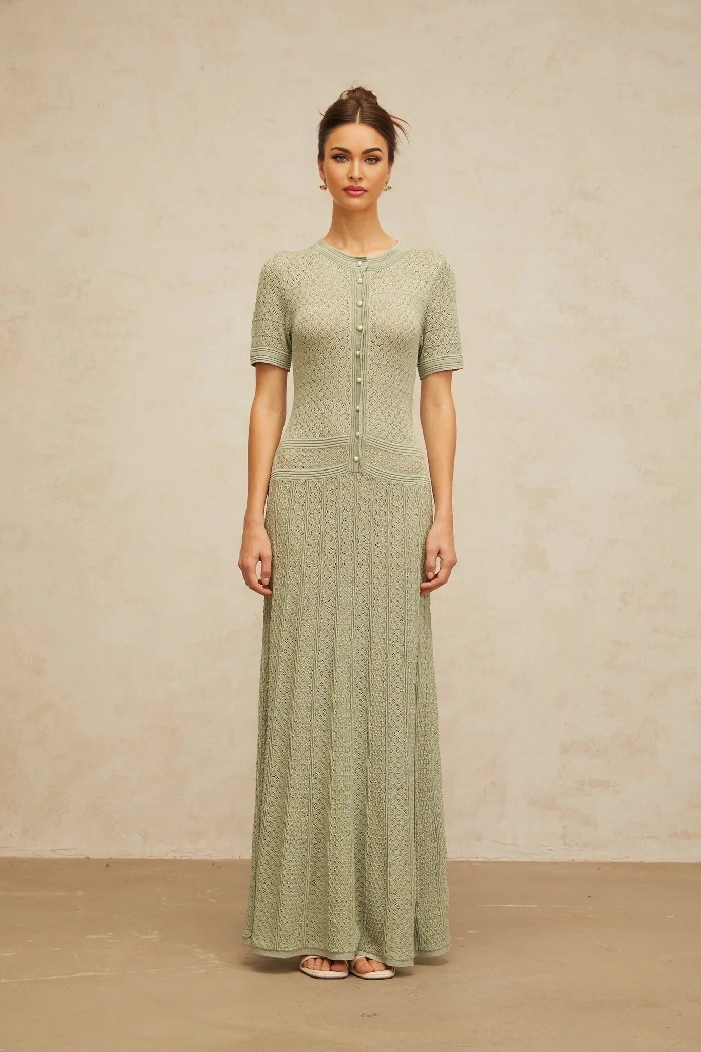 Hunter Maxi Dress Green Crochet - Knit Shirred & Pearl Buttons