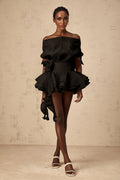 Hunter Mini Dress Black Floral Appliqu Flounce Hem Tie - Back