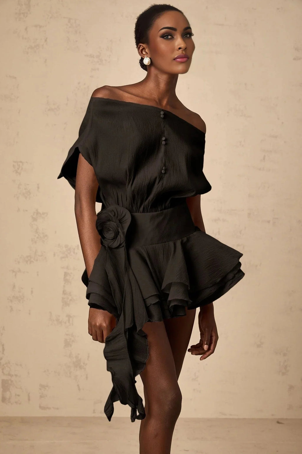 Hunter Mini Dress Black Floral Appliqu Flounce Hem Tie - Back