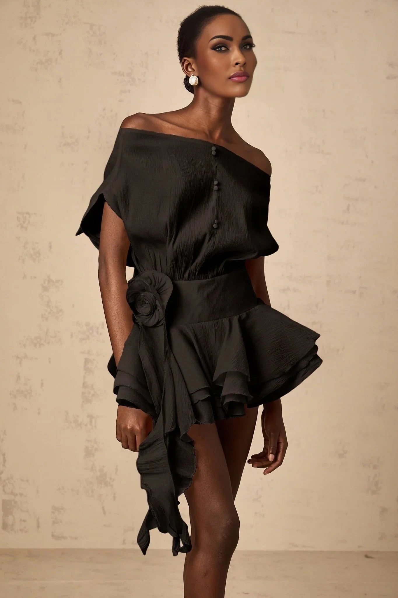 Hunter Mini Dress Black Floral Appliqu Flounce Hem Tie - Back