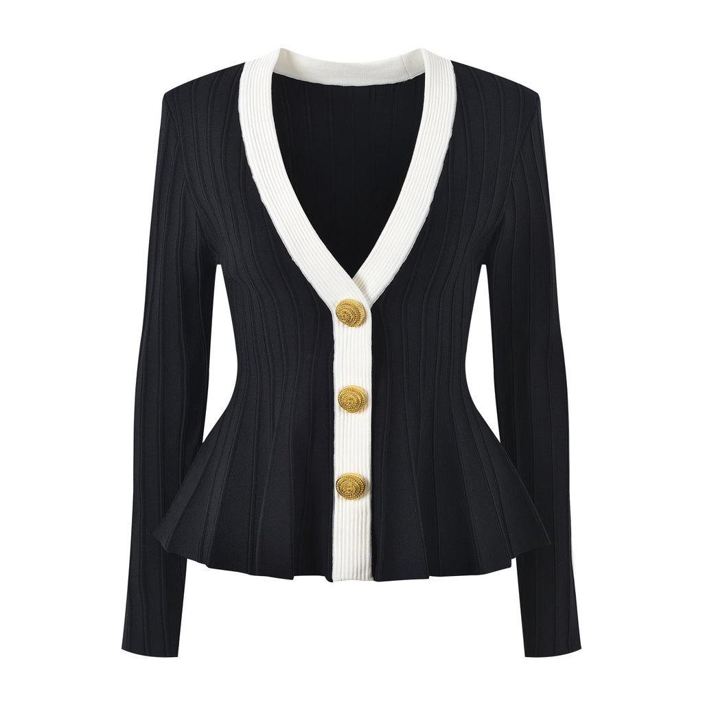 Ida Cardigan - Fitted Peplum Silhouette - Ribbed Texture - Tailored Fit - Chic Elegance - Gold Button Embellishments