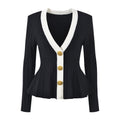 Ida Cardigan - Fitted Peplum Silhouette - Ribbed Texture - Tailored Fit - Chic Elegance - Gold Button Embellishments