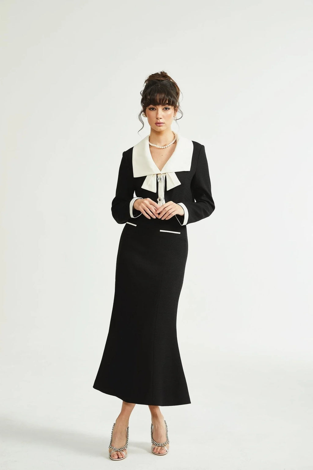 Ida Jacket & Skirt Set - Contrast Colors - Cropped Jacket - Flared Skirt - Front Button Fastening - Patch Pockets