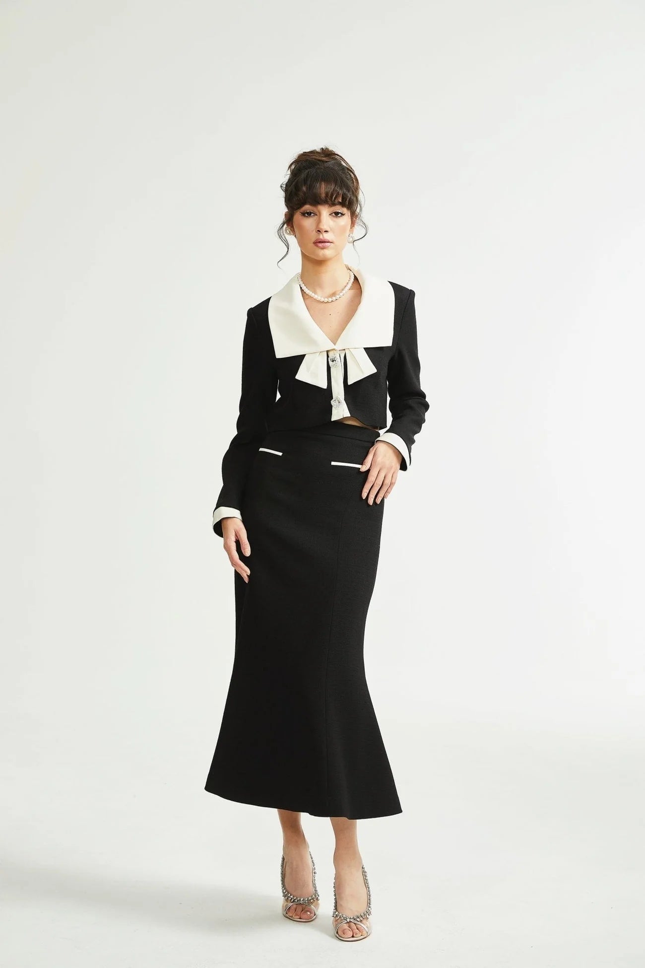 Ida Jacket & Skirt Set - Contrast Colors - Cropped Jacket - Flared Skirt - Front Button Fastening - Patch Pockets