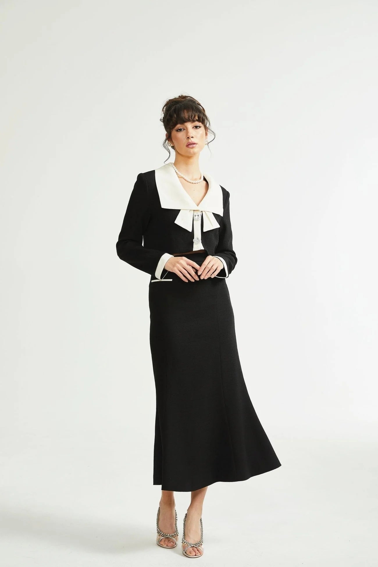 Ida Jacket & Skirt Set - Contrast Colors - Cropped Jacket - Flared Skirt - Front Button Fastening - Patch Pockets