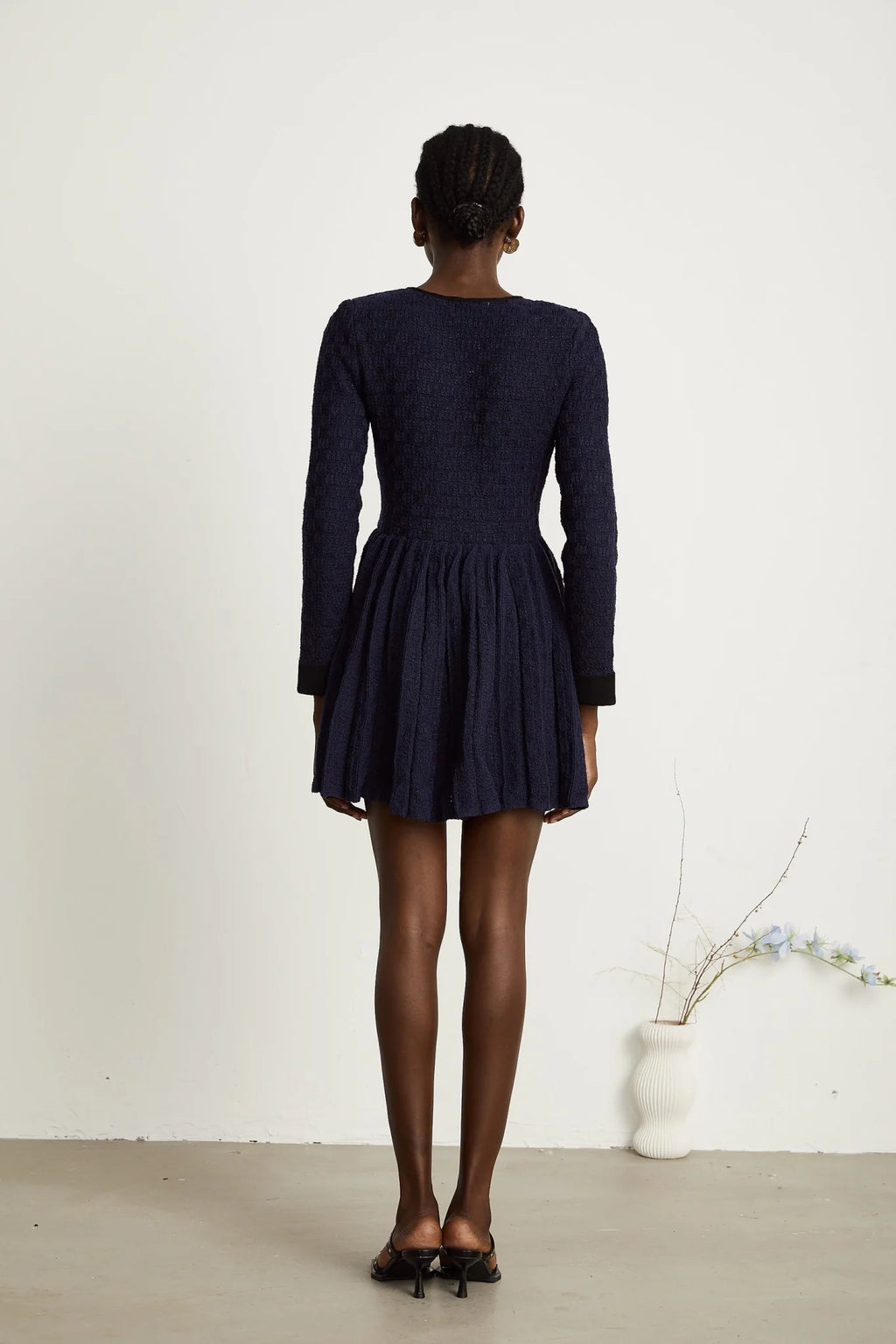 Ida Mini Dress - Round Neck - Long Sleeves - Contrasting Trim - Front Button Fastening