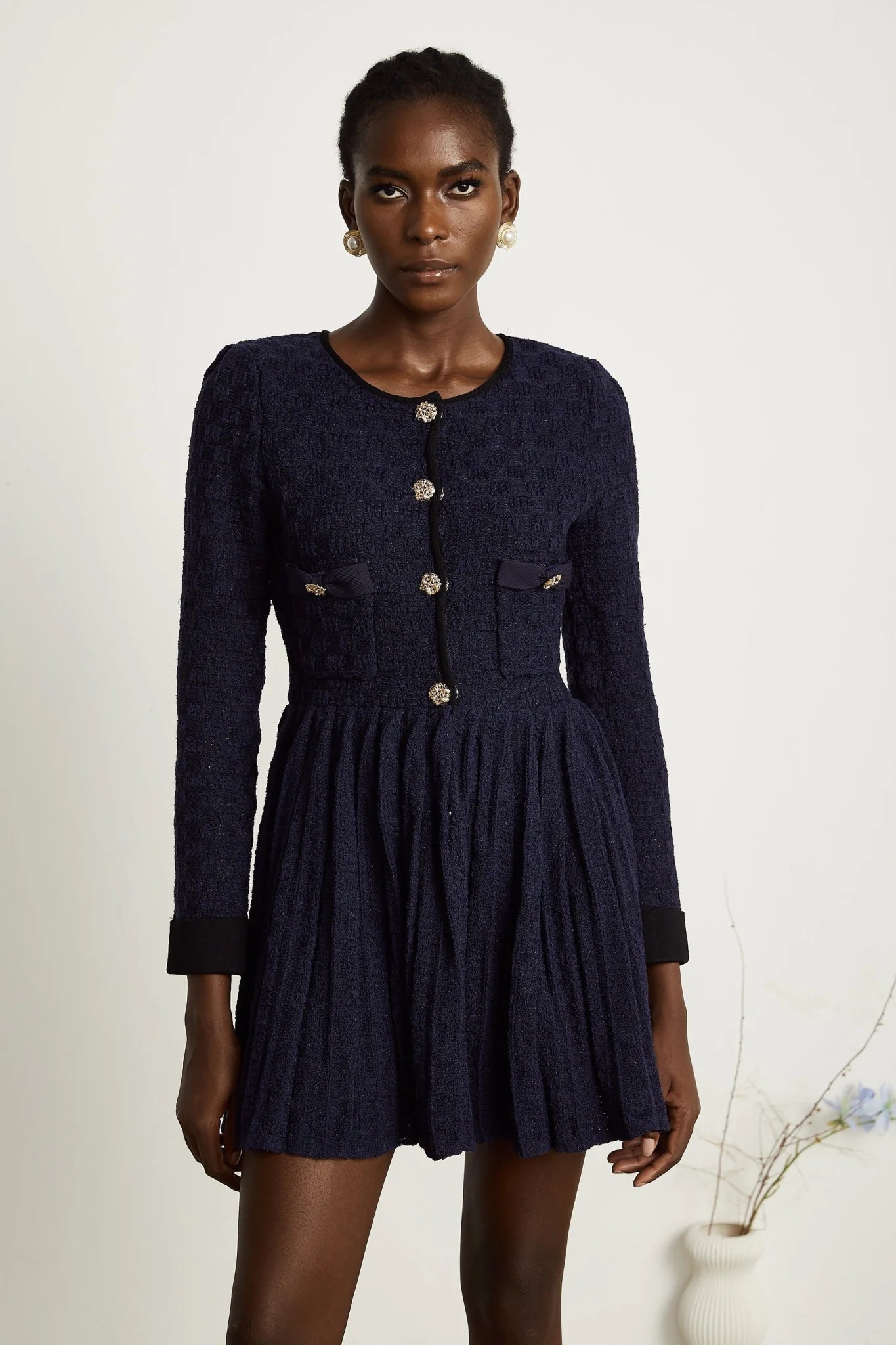 Ida Mini Dress - Round Neck - Long Sleeves - Contrasting Trim - Front Button Fastening