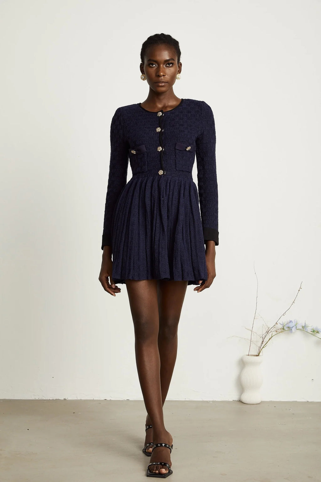 Ida Mini Dress - Round Neck - Long Sleeves - Contrasting Trim - Front Button Fastening