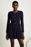 Ida Mini Dress - Round Neck - Long Sleeves - Contrasting Trim - Front Button Fastening