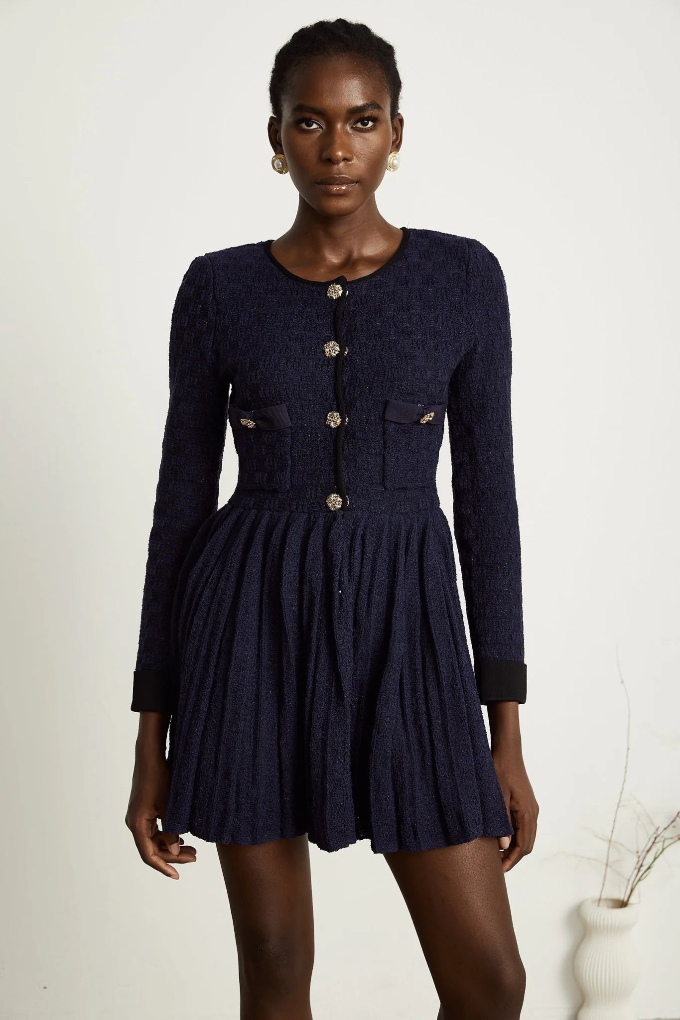 Ida Mini Dress - Round Neck - Long Sleeves - Contrasting Trim - Front Button Fastening