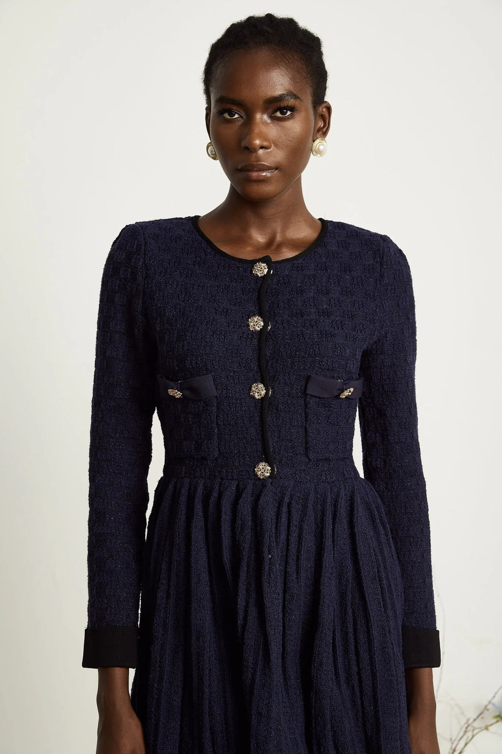 Ida Mini Dress - Round Neck - Long Sleeves - Contrasting Trim - Front Button Fastening
