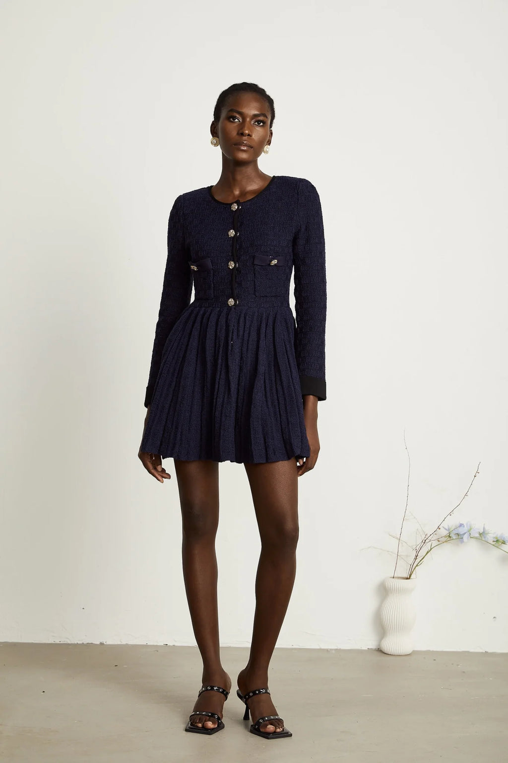 Ida Mini Dress - Round Neck - Long Sleeves - Contrasting Trim - Front Button Fastening
