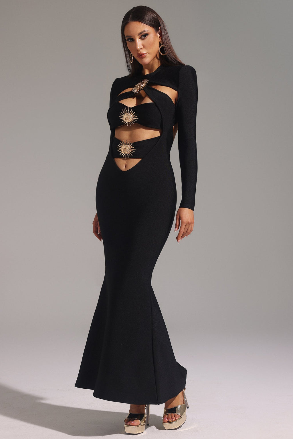 Ilaria Black Hollow Out Bandage Fishtail Dress with Embellishments
