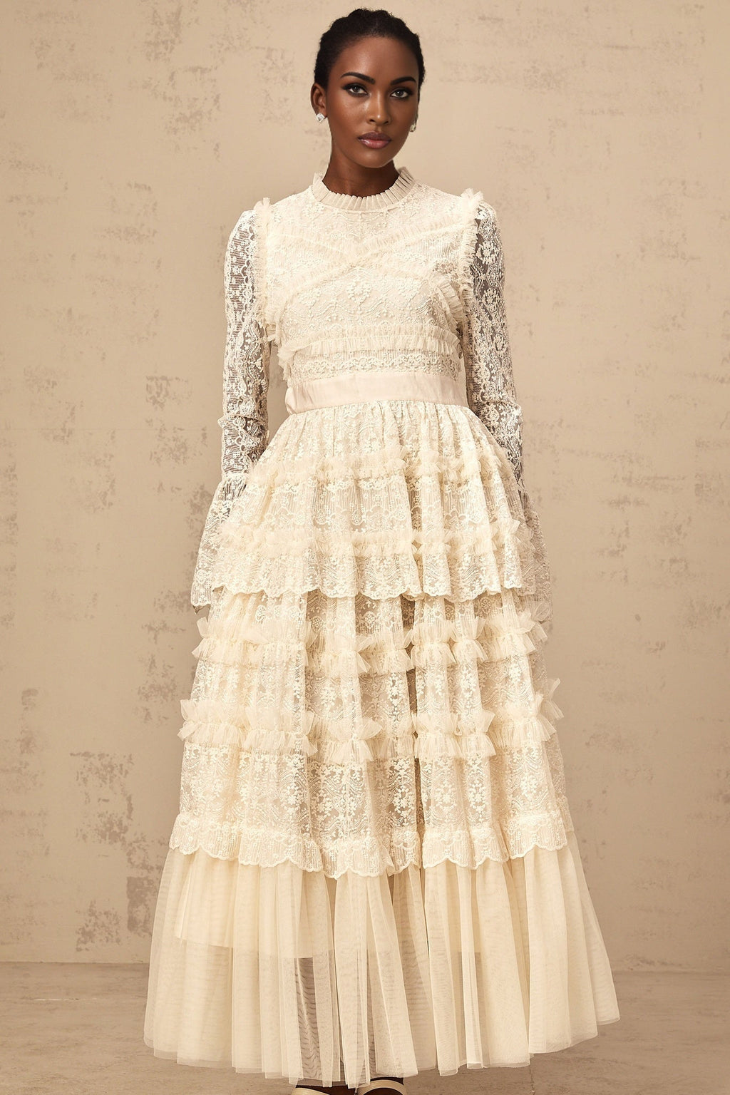 Ilaria Maxi Dress - Floral Lace - Tiered Skirt - Frilled Neck - Flared Cuffs - Layered Design