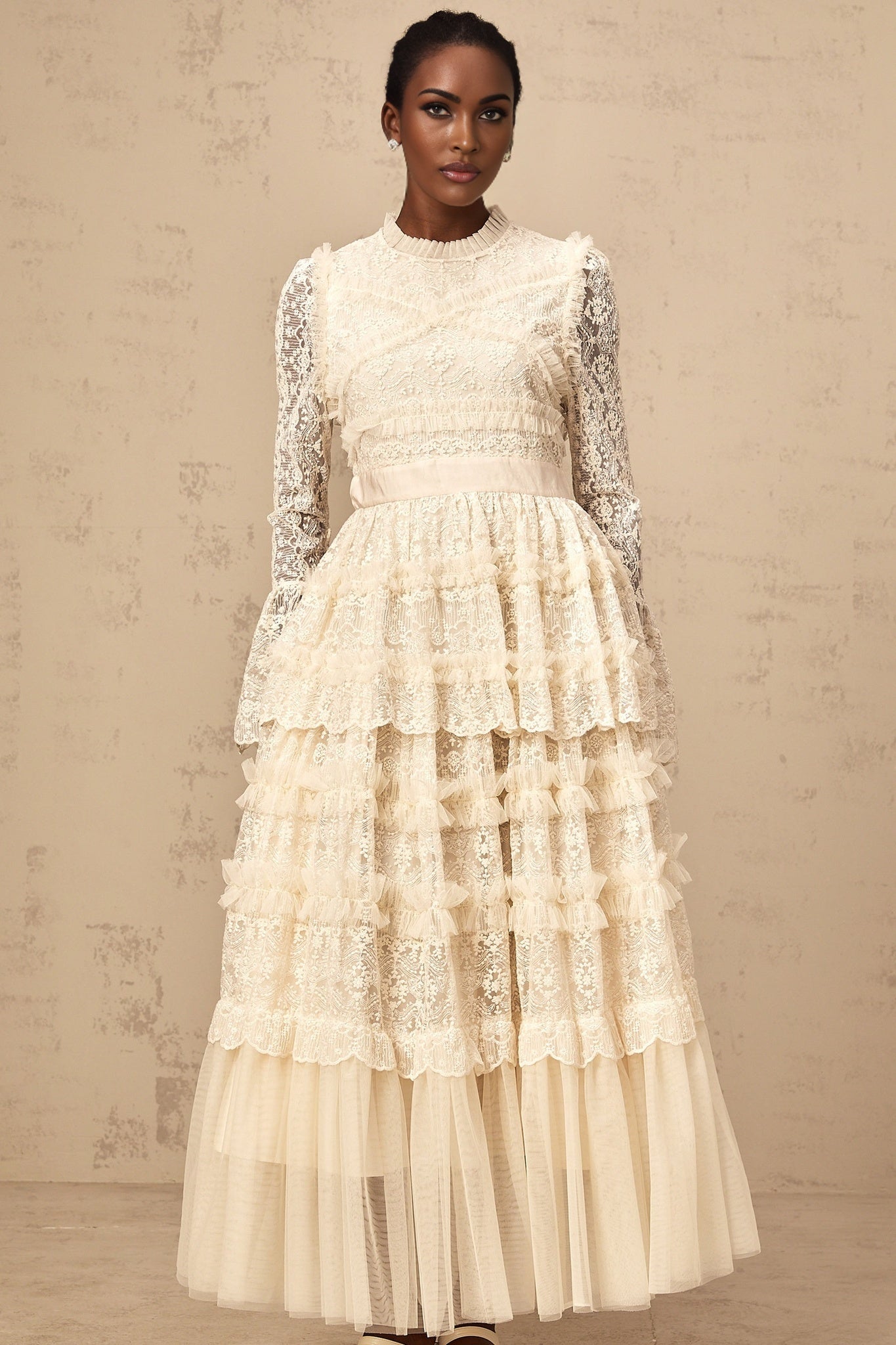 Ilaria Maxi Dress - Floral Lace - Tiered Skirt - Frilled Neck - Flared Cuffs - Layered Design