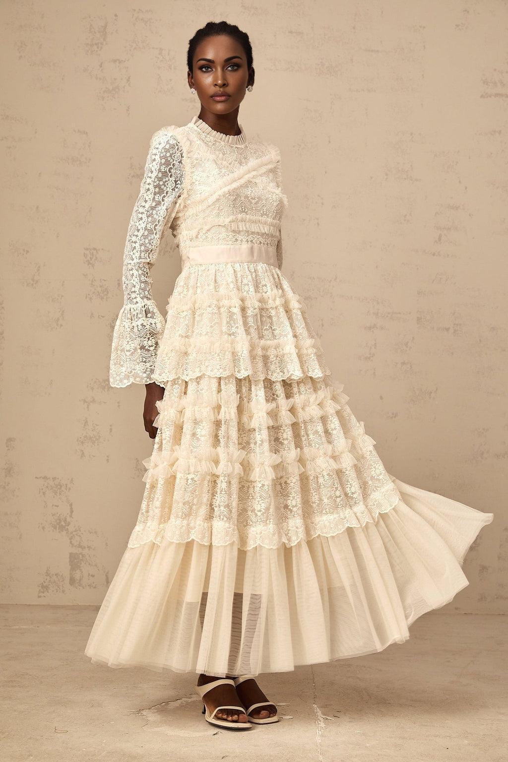 Ilaria Maxi Dress - Floral Lace - Tiered Skirt - Frilled Neck - Flared Cuffs - Layered Design