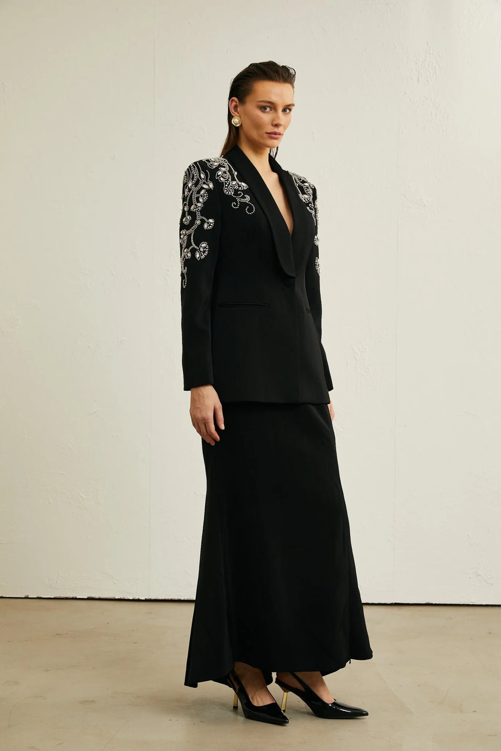 Ilenia Jacket & Skirt - V Neck - Crystal embellishment - Front button fastening - Mermaid design