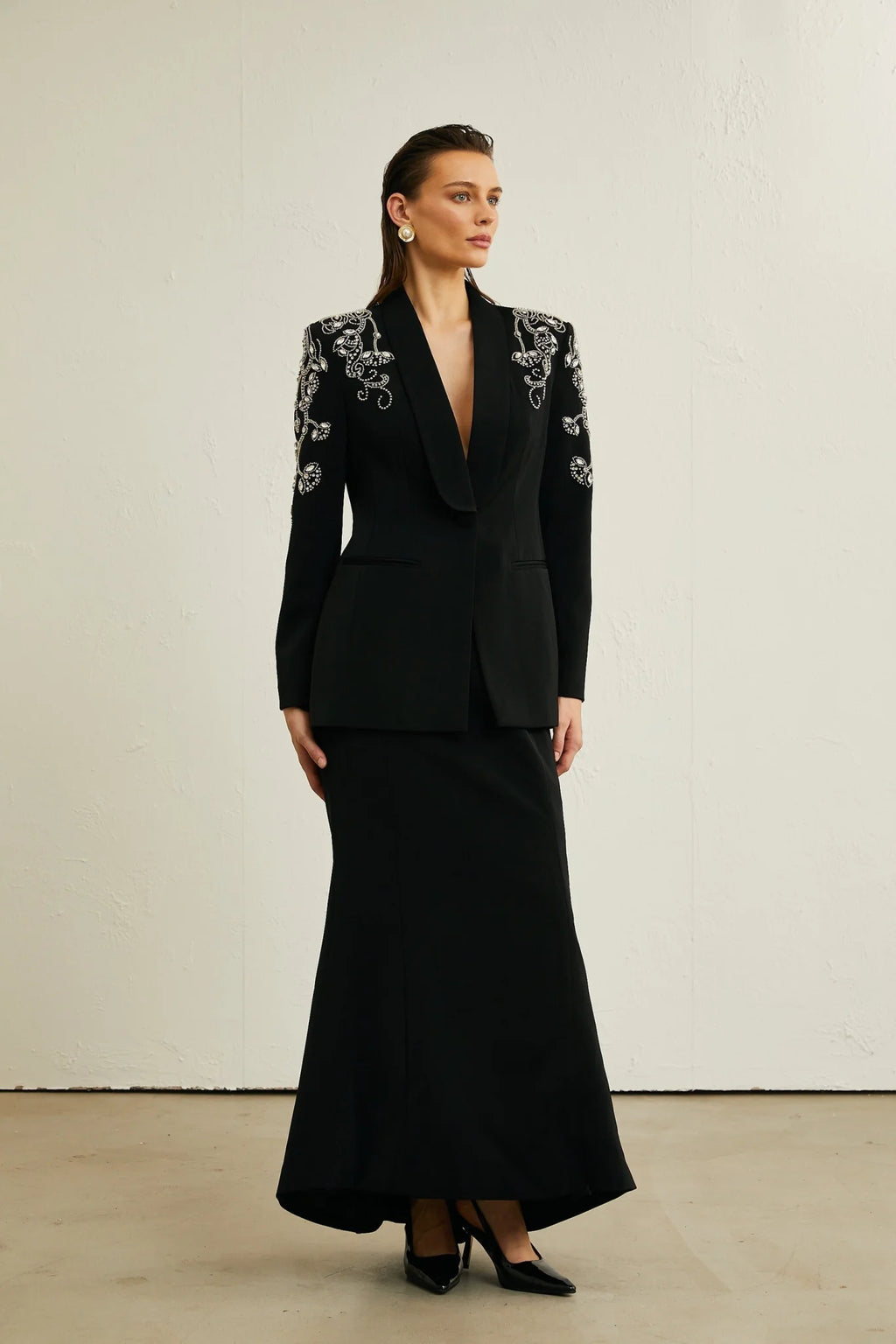 Ilenia Jacket & Skirt - V Neck - Crystal embellishment - Front button fastening - Mermaid design