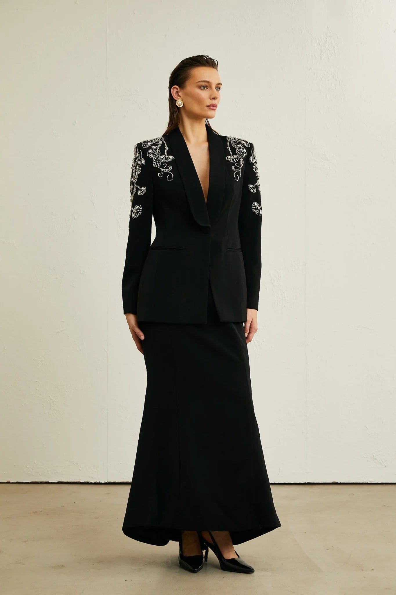 Ilenia Jacket & Skirt - V Neck - Crystal embellishment - Front button fastening - Mermaid design
