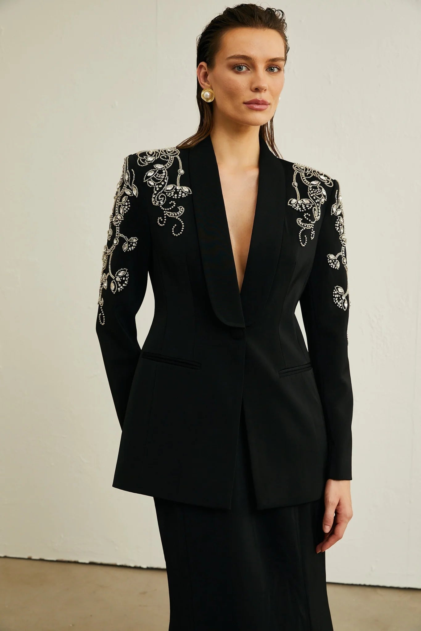 Ilenia Jacket & Skirt - V Neck - Crystal embellishment - Front button fastening - Mermaid design