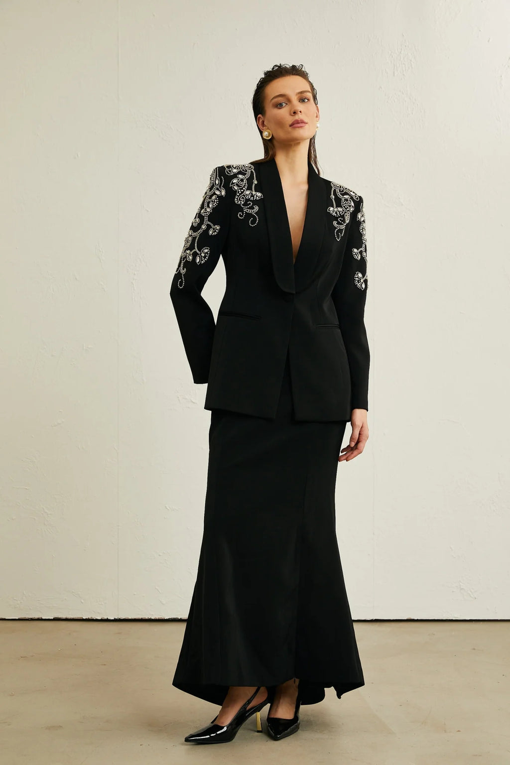 Ilenia Jacket & Skirt - V Neck - Crystal embellishment - Front button fastening - Mermaid design