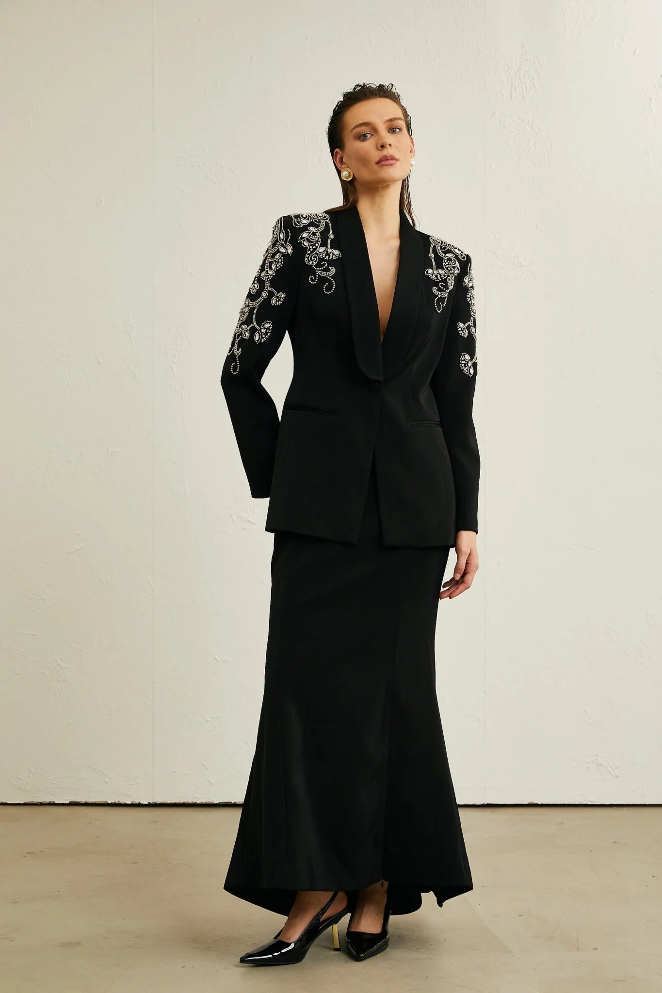 Ilenia Jacket & Skirt - V Neck - Crystal embellishment - Front button fastening - Mermaid design